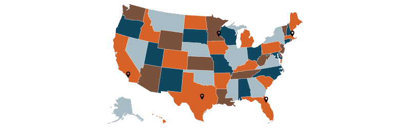Map of the United States highlighting key medical device hiring hubs in Jacksonville FL, Minneapolis MN, Austin TX, Boston MA, and Orange County CA -- regions experiencing high demand for FDA-regulated talent in 2025